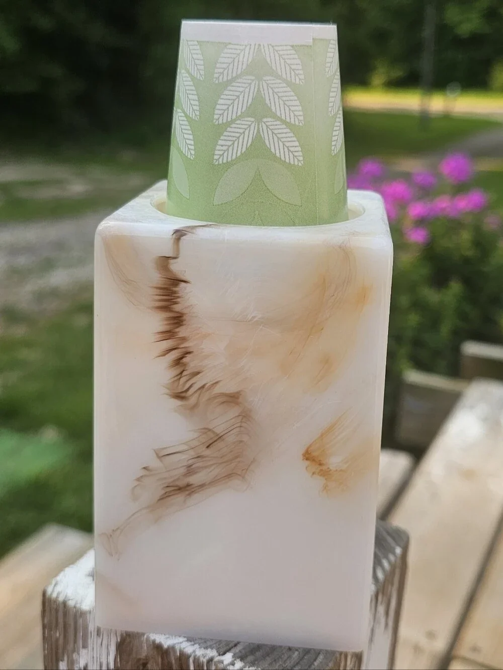 Dixie Cup Pop Up Dispenser Vintage Brown Cream Marble Swirl Plastic